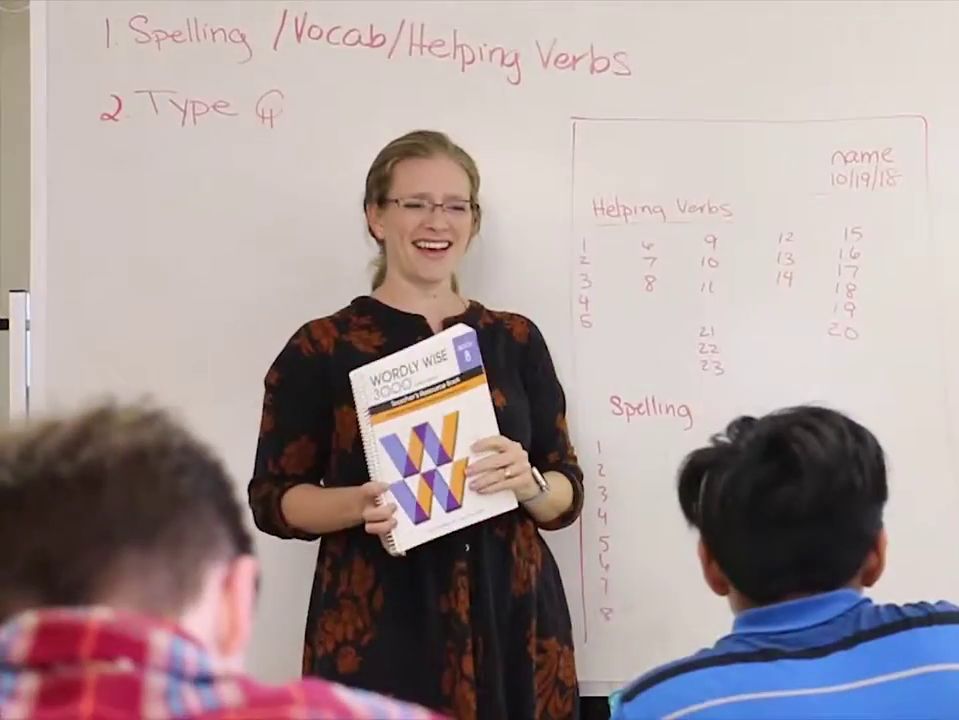 Teacher is giving an English lesson in a classroom.